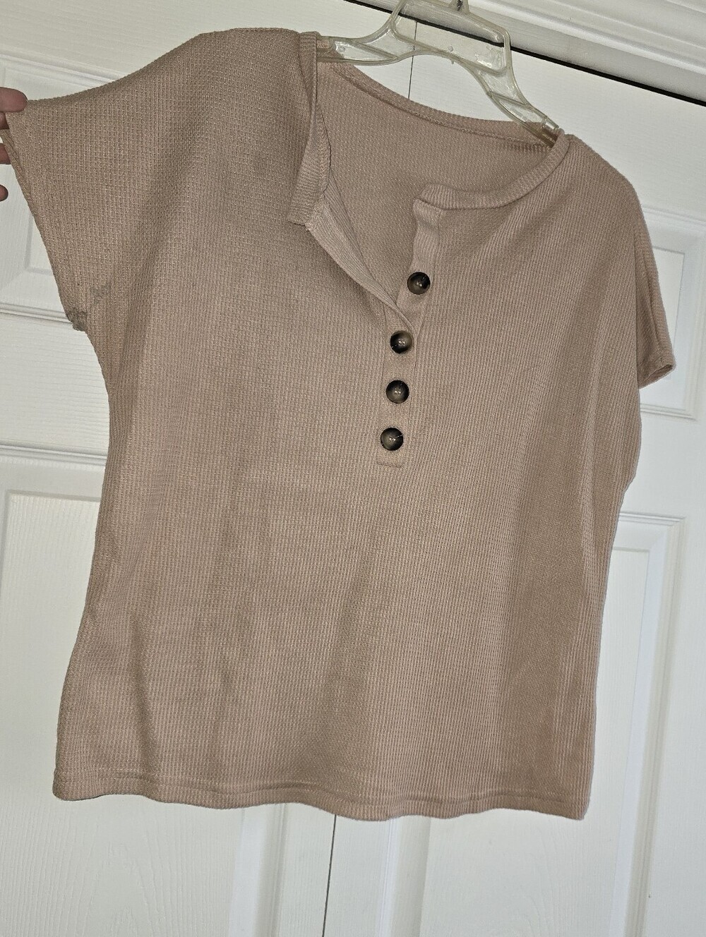 Women’s Cap Short Sleeve Waffle Knit Henley Top in Brown Tan Neutral